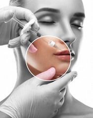 Cosmetologist does injections for lips augmentation anti wrinkle injections on the face of a...