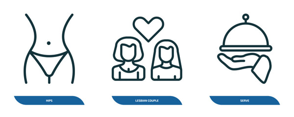 set of 3 linear icons from people concept. outline icons such as hips, lesbian couple, serve vector