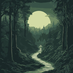 Illustrate a captivating vector composition that invites viewers to embark on a nocturnal journey through the wilderness. The interplay of meticulous details in portraying the dark greens, moonlit