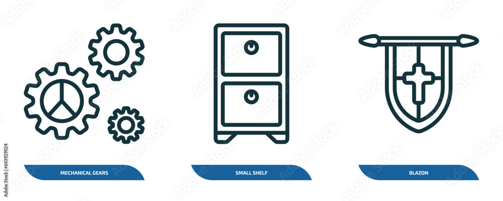 Poster set of 3 linear icons from other concept. outline icons such as mechanical gears, small shelf, blazo