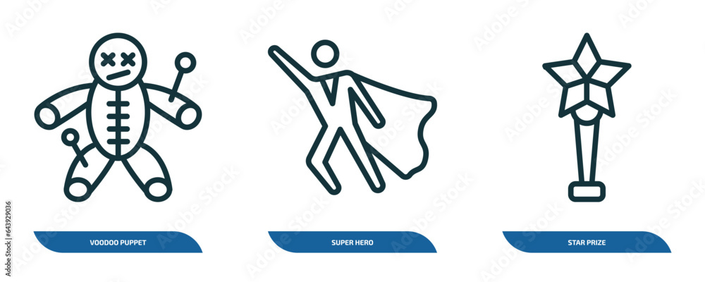 Poster set of 3 linear icons from other concept. outline icons such as voodoo puppet, super hero, star priz
