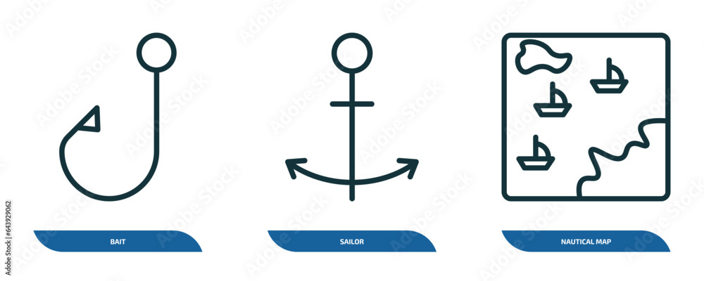 Poster set of 3 linear icons from nautical concept. outline icons such as bait, sailor, nautical map vector