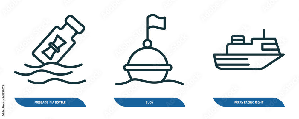 Poster set of 3 linear icons from nautical concept. outline icons such as message in a bottle, buoy, ferry 