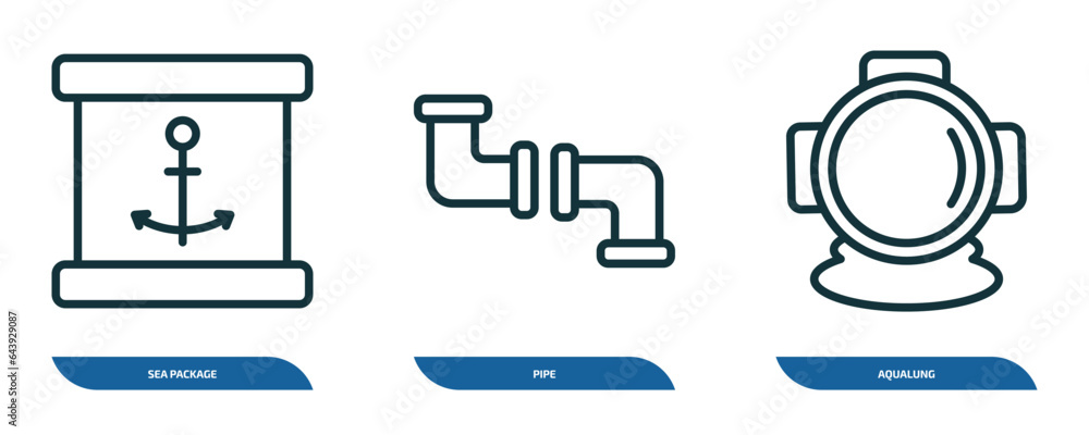Poster set of 3 linear icons from nautical concept. outline icons such as sea package, pipe, aqualung vecto
