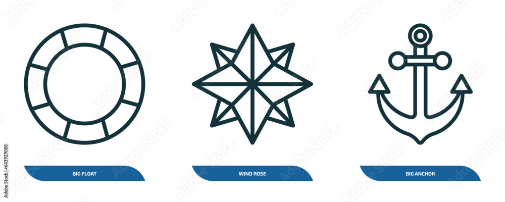 Poster set of 3 linear icons from nautical concept. outline icons such as big float, wind rose, big anchor 