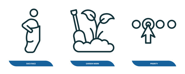 set of 3 linear icons from other concept. outline icons such as sack race, garden work, prority vector