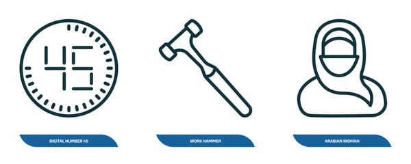 Obraz premium set of 3 linear icons from other concept. outline icons such as digital number 45, work hammer, arabian woman vector