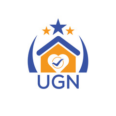 UGN House logo Letter logo and star icon. Blue vector image on white background. KJG house Monogram home logo picture design and best business icon. 

