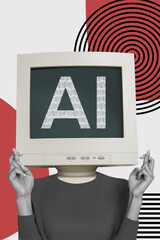 Image painted collage of faceless weird girl with crossed fingers pc computer instead head ai...