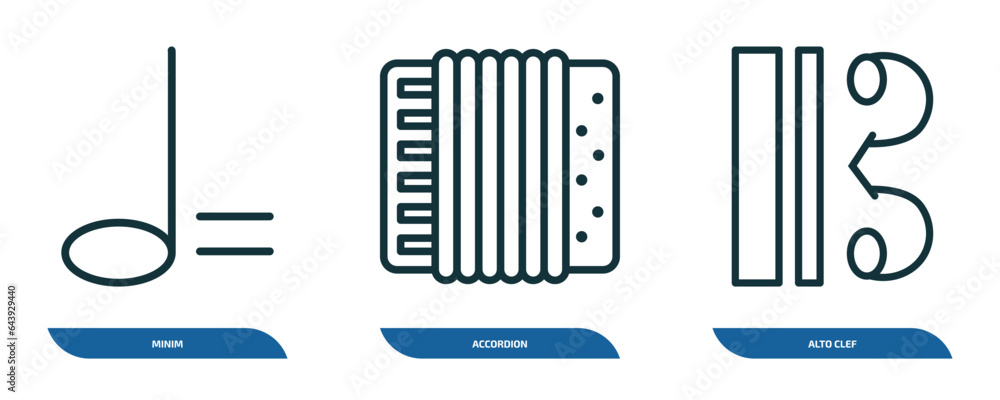 Poster set of 3 linear icons from music and media concept. outline icons such as minim, accordion, alto cle