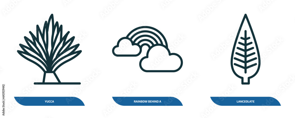 Poster set of 3 linear icons from nature concept. outline icons such as yucca, rainbow behind a cloud, lanc