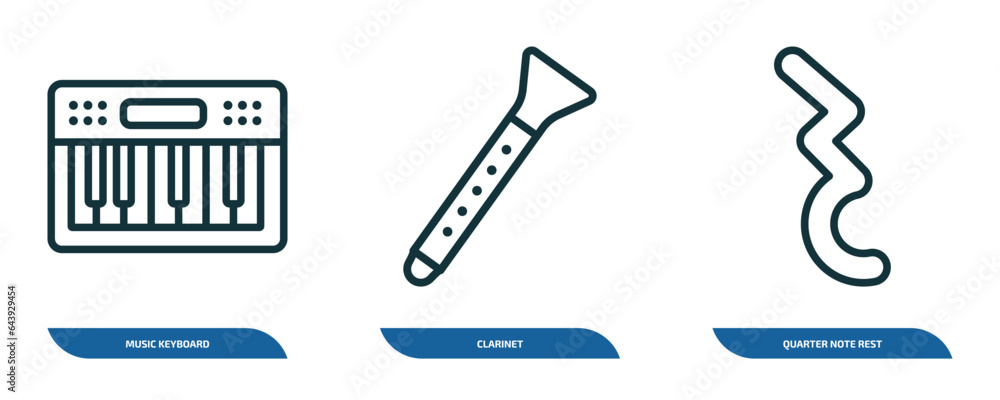 Poster set of 3 linear icons from music and media concept. outline icons such as music keyboard, clarinet, 