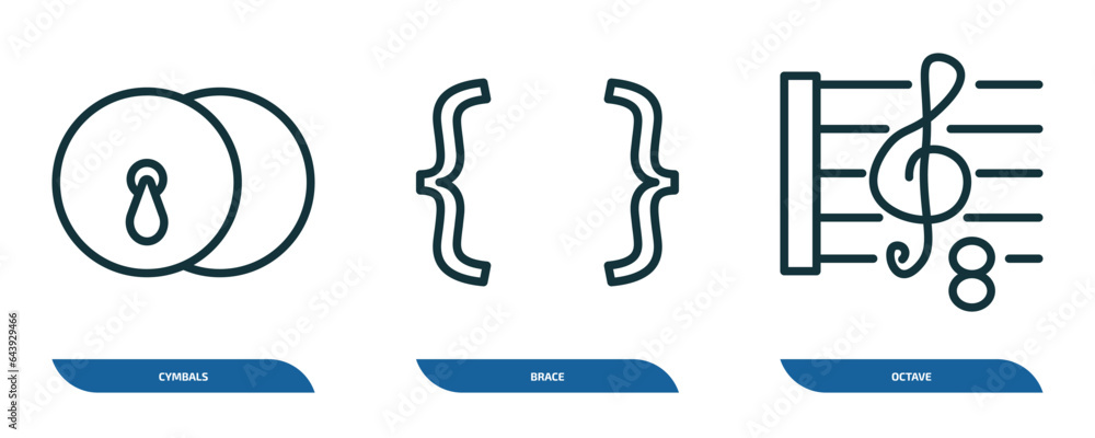 Poster set of 3 linear icons from music and media concept. outline icons such as cymbals, brace, octave vec