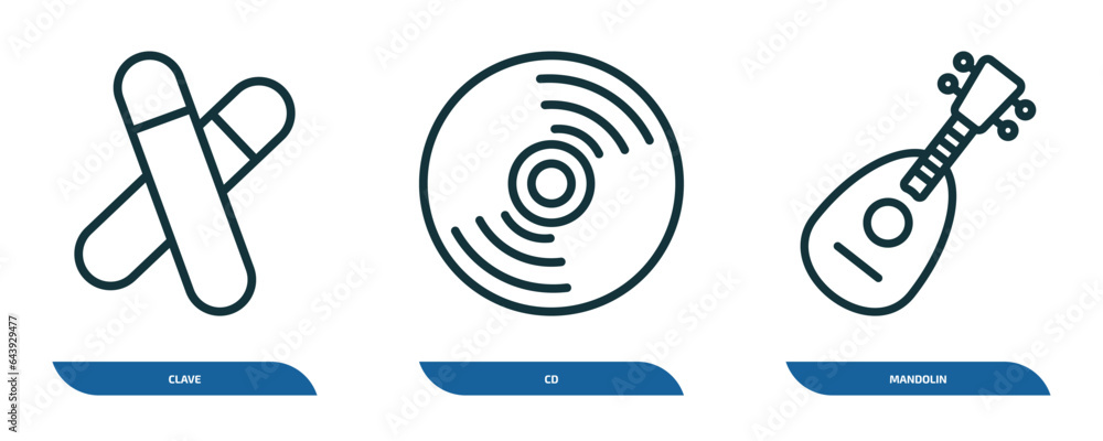 Poster set of 3 linear icons from music and media concept. outline icons such as clave, cd, mandolin vector