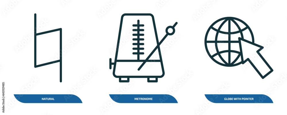 Poster set of 3 linear icons from music and media concept. outline icons such as natural, metronome, globe 
