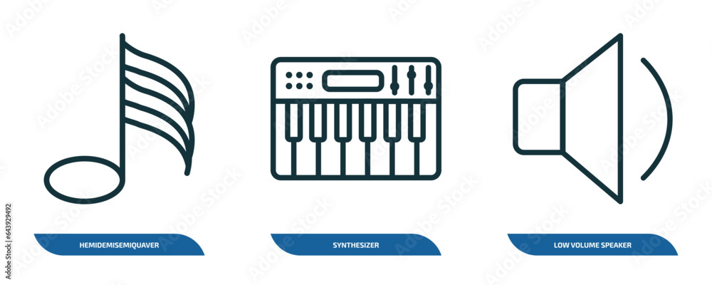 Poster set of 3 linear icons from music and media concept. outline icons such as hemidemisemiquaver, synthe