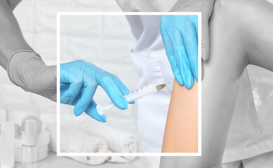 Aesthetic cosmetologist makes lipolytic injections to burn fat on the arm and body of a woman. Female aesthetic cosmetology in a beauty salon.Cosmetology concept.