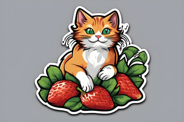 Hand drawn cute cat and Strawberry berries on white background childish vector illustration kitten holding berries print for children