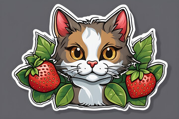 Hand drawn cute cat and Strawberry berries on white background childish vector illustration kitten holding berries print for children
