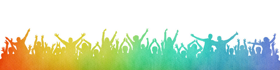 Colorful watercolor silhouette of cheerful crowd people, party celebrating and concert.