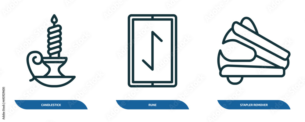 Poster set of 3 linear icons from miscellaneous concept. outline icons such as candlestick, rune, stapler r