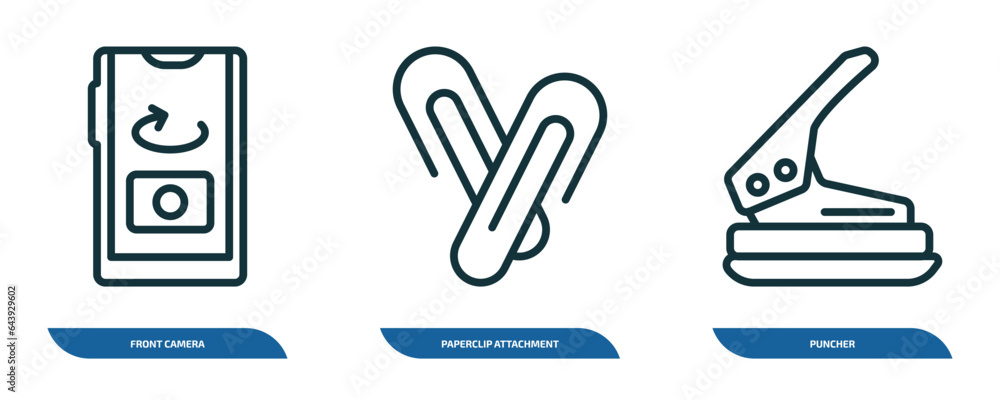 Poster set of 3 linear icons from miscellaneous concept. outline icons such as front camera, paperclip atta