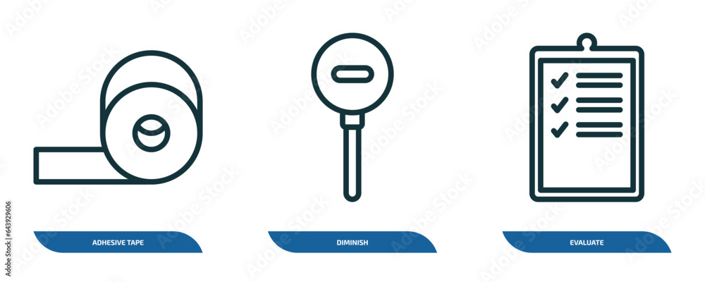 Poster set of 3 linear icons from miscellaneous concept. outline icons such as adhesive tape, diminish, eva