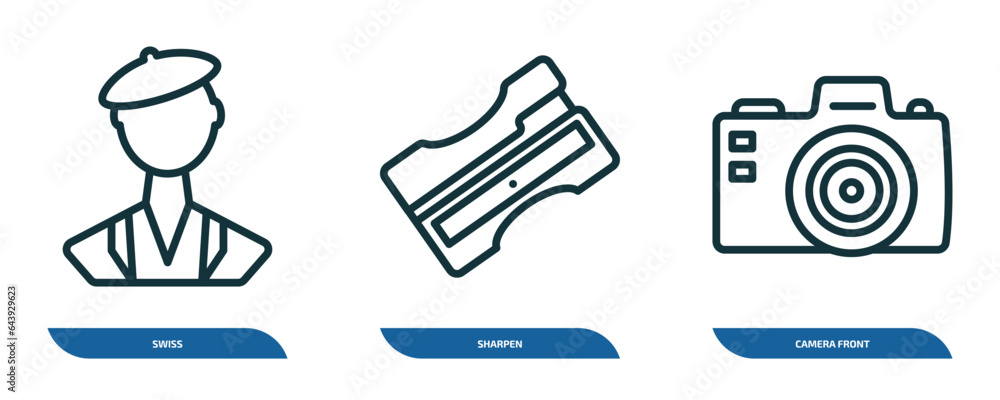 Poster set of 3 linear icons from miscellaneous concept. outline icons such as swiss, sharpen, camera front