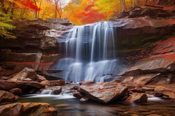 waterfall full of colorful autumn paint on the rocks