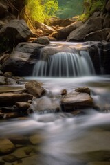 waterfall streaming through rocks in forest, long exposure