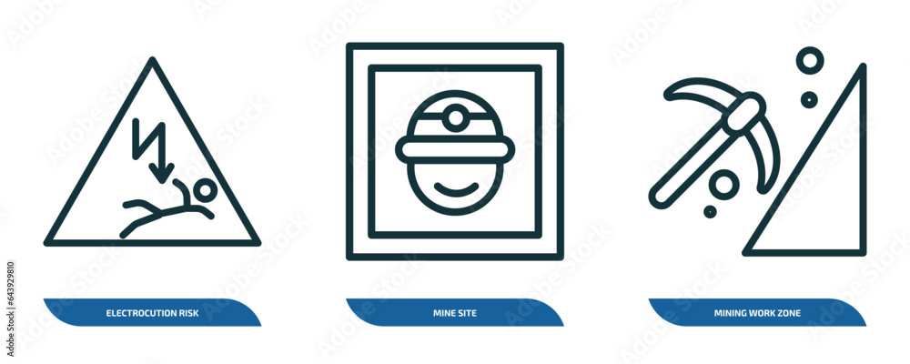 Poster set of 3 linear icons from maps and flags concept. outline icons such as electrocution risk, mine si