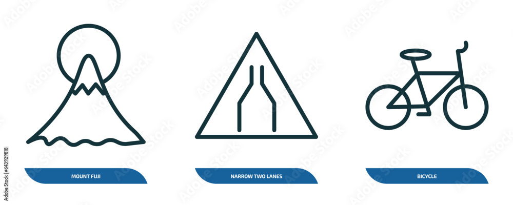 Poster set of 3 linear icons from maps and flags concept. outline icons such as mount fuji, narrow two lane