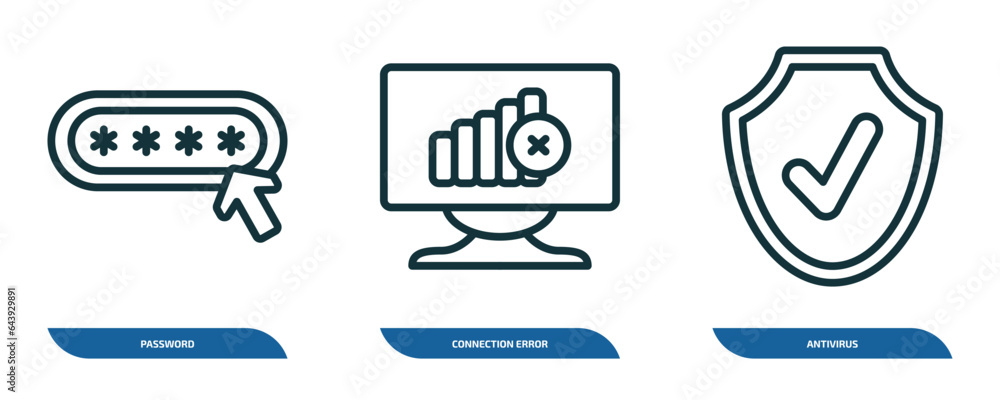 Poster set of 3 linear icons from internet security concept. outline icons such as password, connection err
