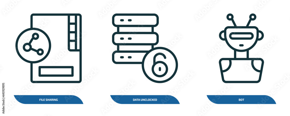 Poster set of 3 linear icons from internet security concept. outline icons such as file sharing, data unclo