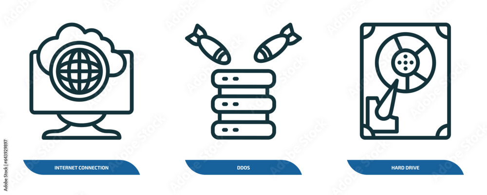 Poster set of 3 linear icons from internet security concept. outline icons such as internet connection, ddo