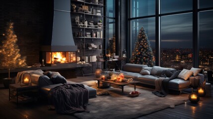 Interior of modern cozy luxurious loft style studio with Christmas decor. Blazing fireplace, burning candles, elegant Christmas tree, comfortable cushioned furniture, panoramic windows with city view.