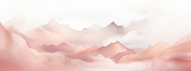 Obraz na płótnie Canvas Pink color watercolor abstract brush painting art of beautiful mountains, mountain peak minimalism landscape, panorama banner illustration, white background