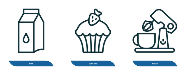 set of 3 linear icons from kitchen concept. outline icons such as milk, cupcake, mixer vector