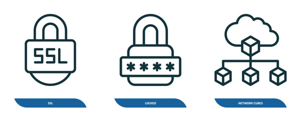 set of 3 linear icons from internet security concept. outline icons such as ssl, locked, network cubes vector