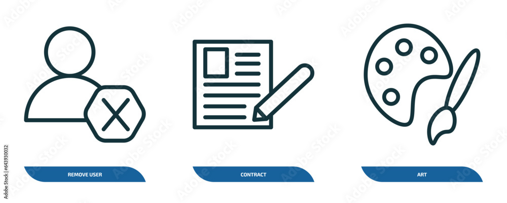 Poster set of 3 linear icons from human resources concept. outline icons such as remove user, contract, art