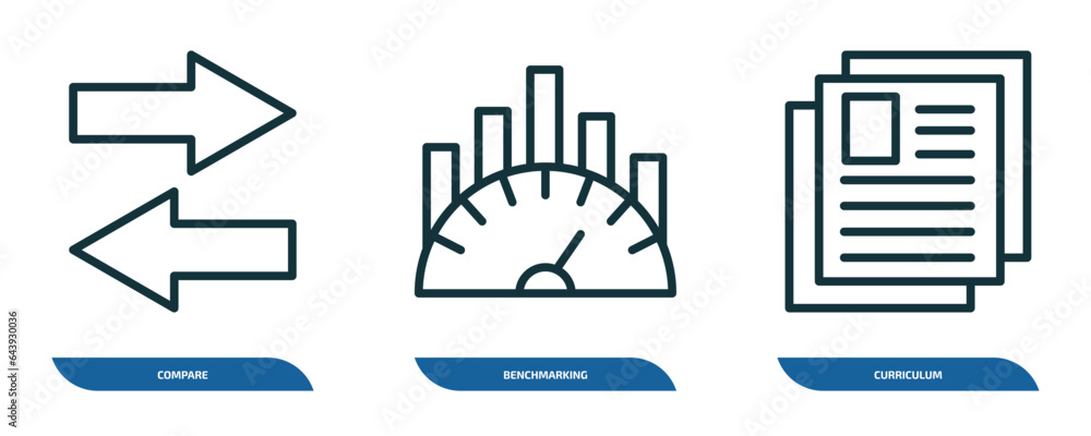 Poster set of 3 linear icons from human resources concept. outline icons such as compare, benchmarking, cur
