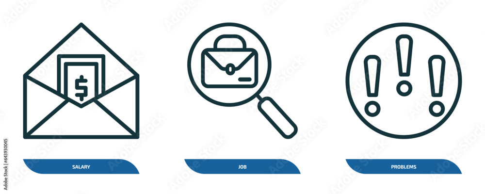 Poster set of 3 linear icons from human resources concept. outline icons such as salary, job, problems vect