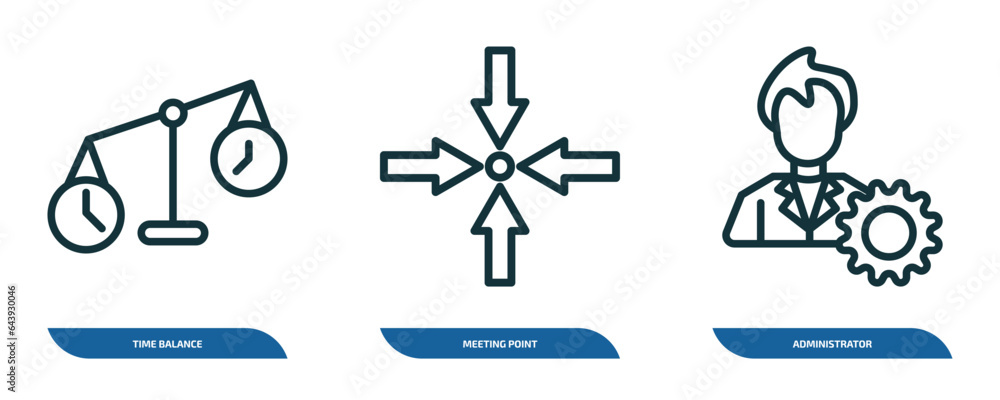Poster set of 3 linear icons from human resources concept. outline icons such as time balance, meeting poin