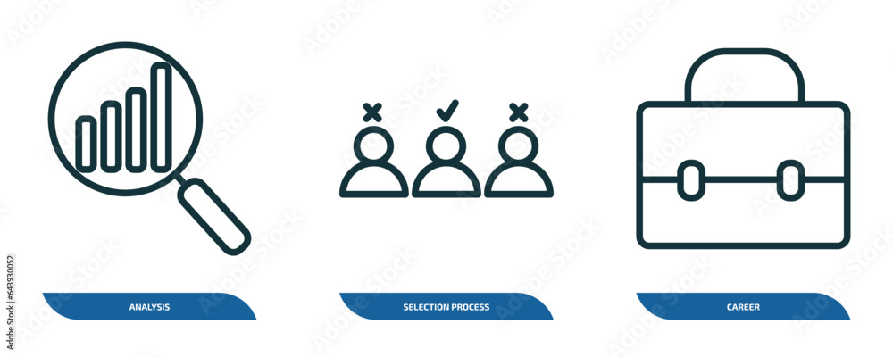 Poster set of 3 linear icons from human resources concept. outline icons such as analysis, selection proces