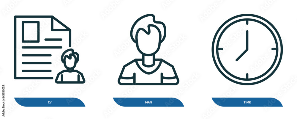 Poster set of 3 linear icons from human resources concept. outline icons such as cv, man, time vector