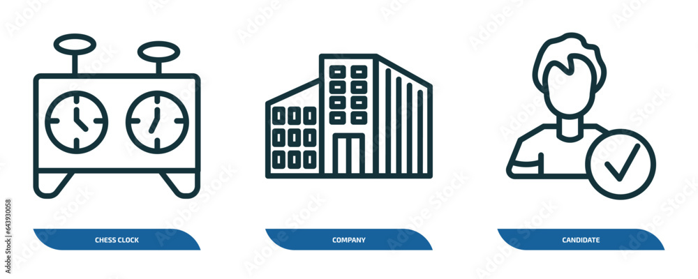 Poster set of 3 linear icons from human resources concept. outline icons such as chess clock, company, cand