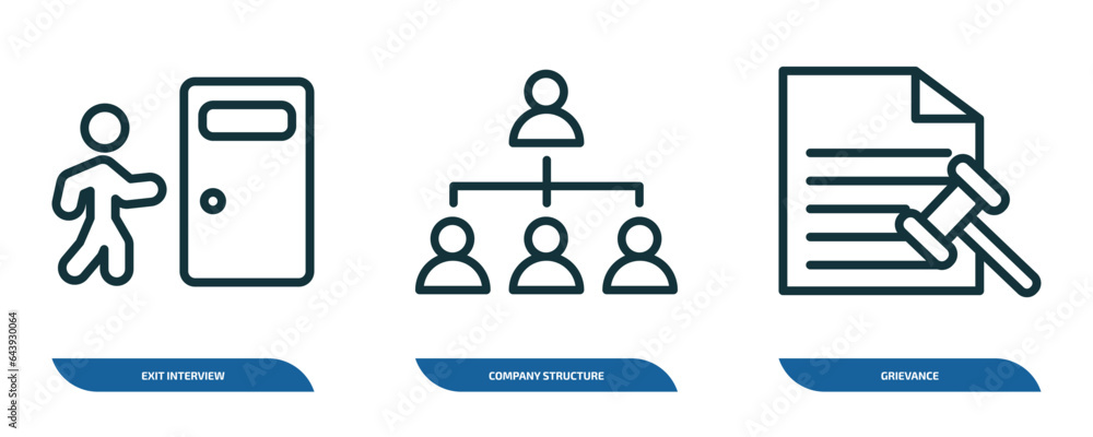 Poster set of 3 linear icons from human resources concept. outline icons such as exit interview, company st