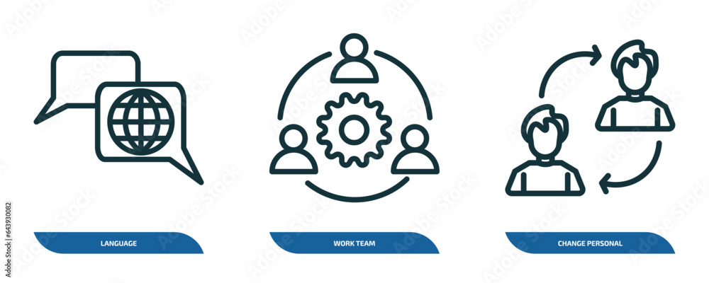 Aufkleber set of 3 linear icons from human resources concept. outline icons such as language, work team, chang