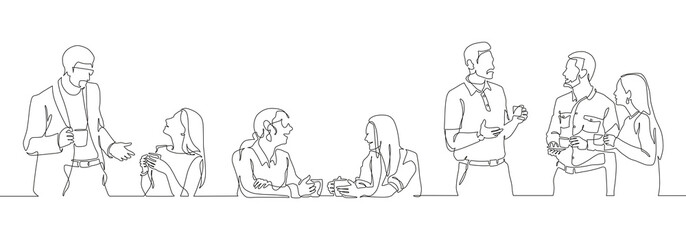 Continuous one line drawing office workers take coffee breaks and socialize together