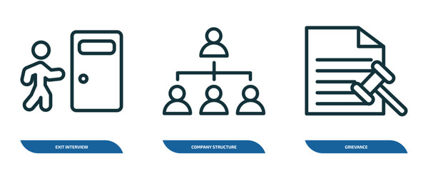 set of 3 linear icons from human resources concept. outline icons such as exit interview, company structure, grievance vector